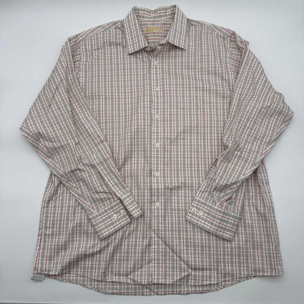 Michael Kors Mens Non Iron Dress Shirt Red Tan Plaid Button Down